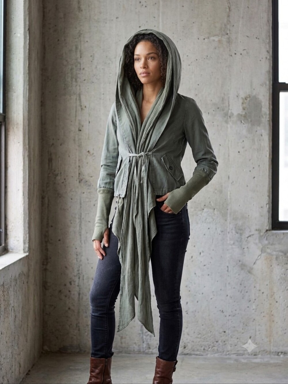 Nicholas K "Lennon" Draped Hooded Jacket Parka Olive Green Cargo Utility Size Sm